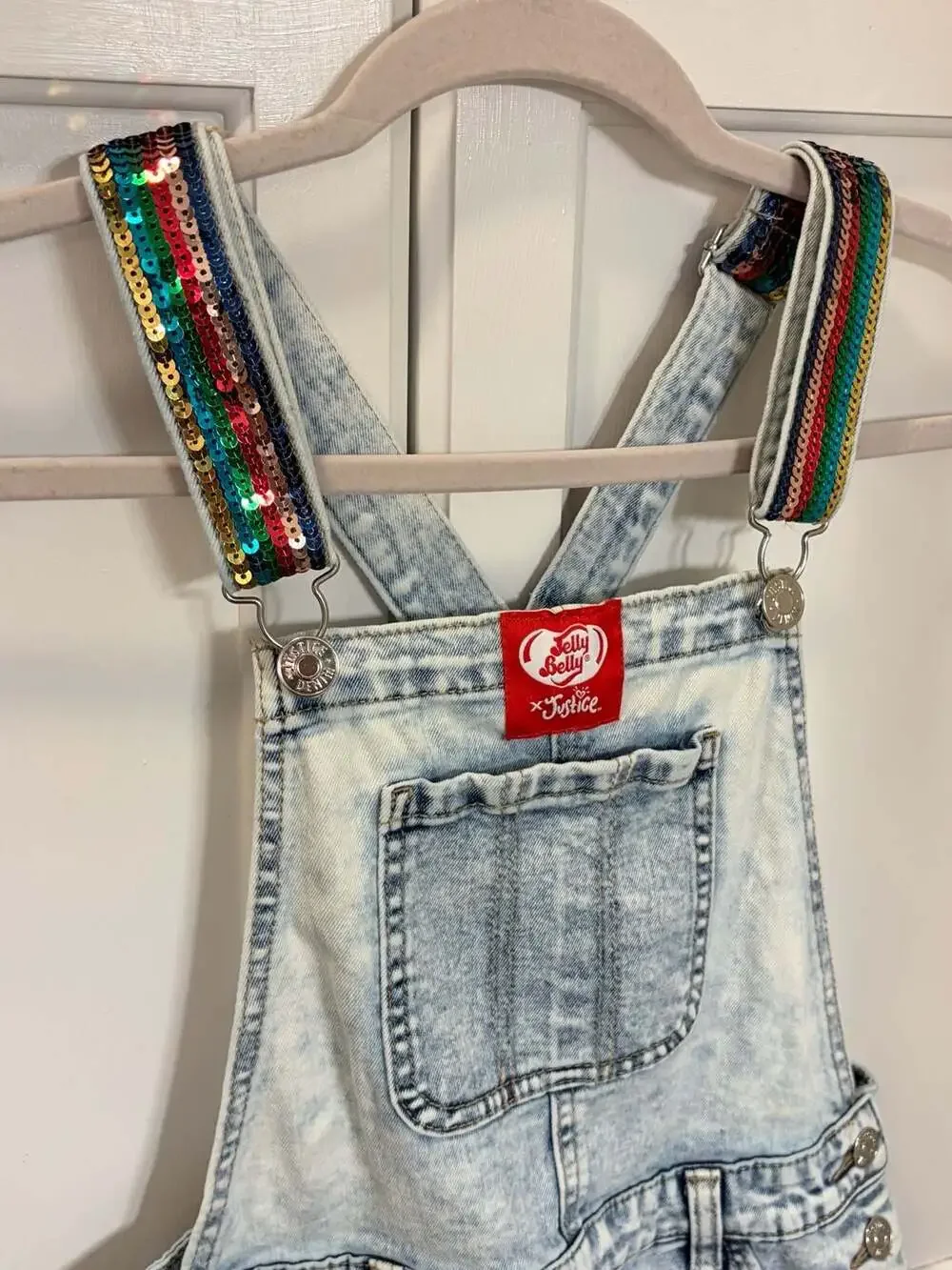 Justice x Jelly Belly Girls Denim Shortalls Rainbow Sequin Straps Size 14